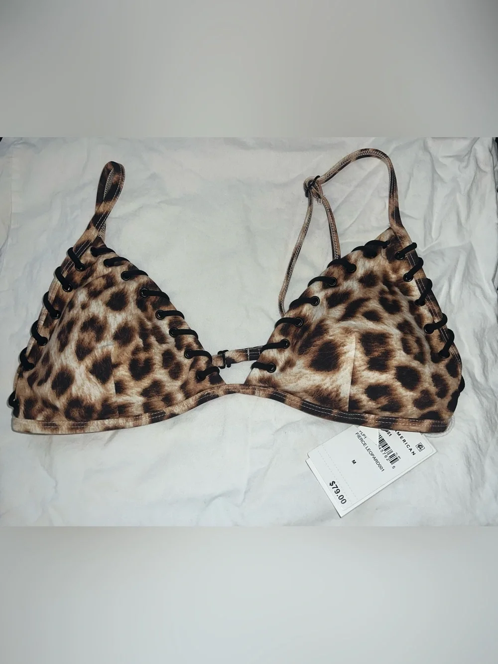 New Good American Triangle Leopard Lace Bikini Top Sz L